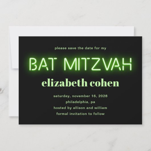 Bat Mitzvah Bright Green Neon licht sparen de datu Kaart (Voorkant)