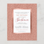 Bat Mitzvah Budget Roos Gold Glitter Uitnodiging (Voorkant)