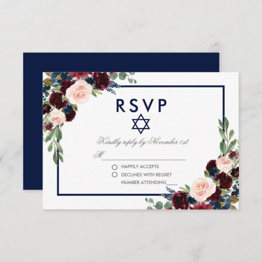 Bat Mitzvah Burgundy Blaal Silver RSVP (Voorkant / Achterkant)