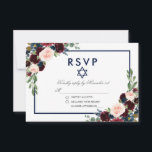 Bat Mitzvah Burgundy Blaal Silver RSVP Kaartje<br><div class="desc">Waterverf Burgundy Marsala Blue Floral Bat Mitzvah Silver RSVP-kaart</div>