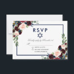 Bat Mitzvah Burgundy Blaal Silver RSVP Kaartje<br><div class="desc">Waterverf Burgundy Marsala Blue Floral Bat Mitzvah Silver RSVP-kaart</div>