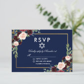 Bat Mitzvah Burgundy Blue Floral Gold RSVP (Staand voorkant)