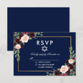 Bat Mitzvah Burgundy Blue Floral Gold RSVP (Voorkant / Achterkant)