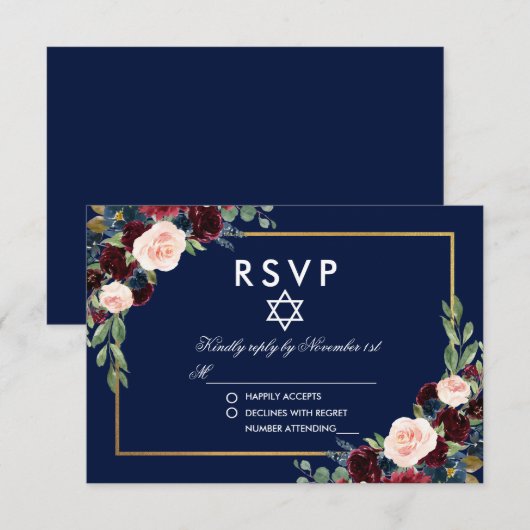 Bat Mitzvah Burgundy Blue Floral Gold RSVP (Voorkant / Achterkant)