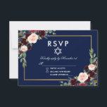 Bat Mitzvah Burgundy Blue Floral Gold RSVP<br><div class="desc">Waterverf Bourgondië Marsala Blauw Bloemen Gouden Vleermuis Mitzvah RSVP-kaart</div>