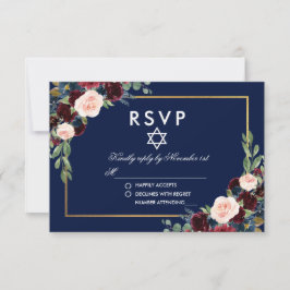 Bat Mitzvah Burgundy Blue Floral Gold RSVP Kaartje