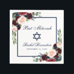 Bat Mitzvah Burgundy Blue Floral Servet<br><div class="desc">Bat Mitzvah Waterverf Burgundy Marsala Blue Floral Paper Napkin</div>