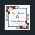 Bat Mitzvah Burgundy Blue Floral Servet<br><div class="desc">Bat Mitzvah Waterverf Burgundy Marsala Blue Floral Paper Napkin</div>