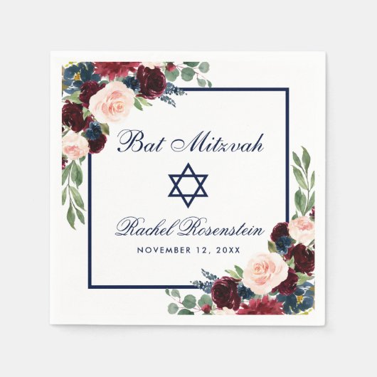 Bat Mitzvah Burgundy Blue Floral Servet (Voorkant)