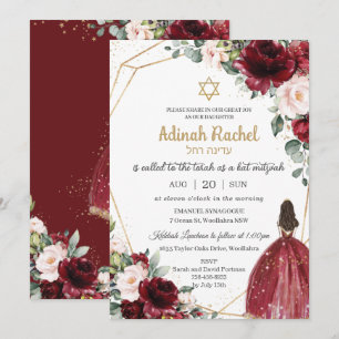 Bat Mitzvah Burgundy Blush Floral Gold Princess Kaart