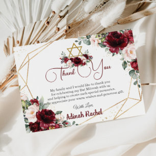 Bat Mitzvah Burgundy Blush Floral Gold Star Bedankkaart
