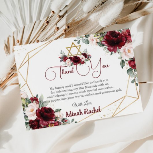 Bat Mitzvah Burgundy Blush Floral Gold Star Bedankkaart