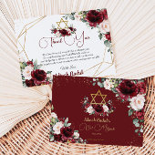 Bat Mitzvah Burgundy Blush Floral Gold Star Bedankkaart