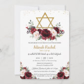 Bat Mitzvah Burgundy Blush Floral Gold Star Kaart (Voorkant)