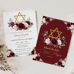 Bat Mitzvah Burgundy Blush Floral Gold Star Kaart