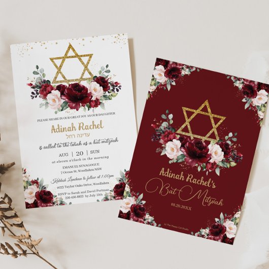 Bat Mitzvah Burgundy Blush Floral Gold Star Kaart