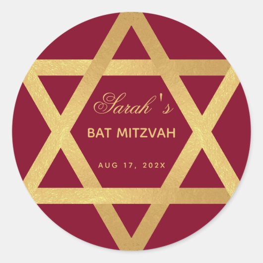 Bat Mitzvah Burgundy Faux Gold Foil Star van David Ronde Sticker (Voorkant)