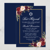 Bat Mitzvah Burgundy Floral Blue Gold Invitation Kaart (Voorkant / Achterkant)