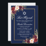 Bat Mitzvah Burgundy Floral Blue Gold Invitation Kaart<br><div class="desc">Bat Mitzvah Waterverf Burgundy Marsala Floral Blue Gold Invitation Kaart</div>