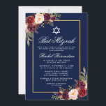 Bat Mitzvah Burgundy Floral Blue Gold Invitation Kaart<br><div class="desc">Bat Mitzvah Waterverf Burgundy Marsala Floral Blue Gold Invitation Kaart</div>