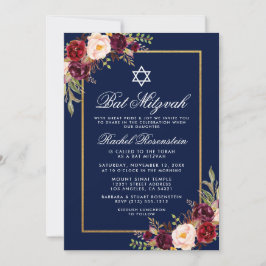 Bat Mitzvah Burgundy Floral Blue Gold Invitation Kaart