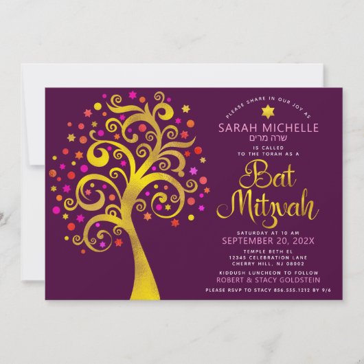 Bat Mitzvah Burgundy Gold Foil Script Tree of Life Kaart (Voorkant)