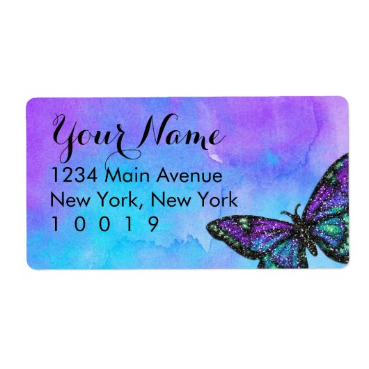 Bat Mitzvah Butterfly Paars en Blue Painted Etiket (Voorkant)