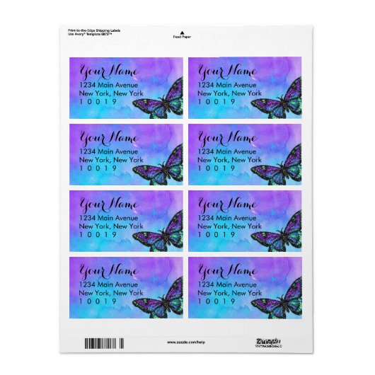 Bat Mitzvah Butterfly Paars en Blue Painted Etiket (Full Sheet)