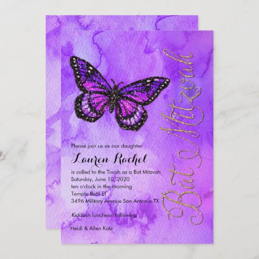 Bat Mitzvah Butterfly Paars en Roze geverfd Kaart (Voorkant / Achterkant)