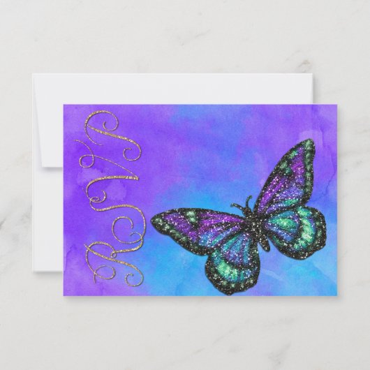 Bat Mitzvah Butterfly Paars en Turquoise Painted RSVP Kaartje (Achterkant)
