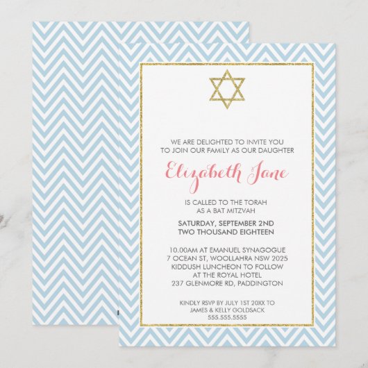 BAT MITZVAH chevron patroon goud glitterig blauw Kaart (Voorkant / Achterkant)