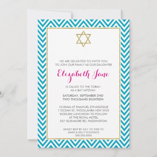 BAT MITZVAH chevron patroon gouden glitterij aqua Kaart (Voorkant)
