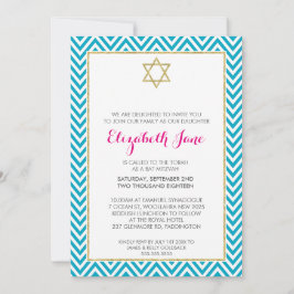 BAT MITZVAH chevron patroon gouden glitterij aqua Kaart