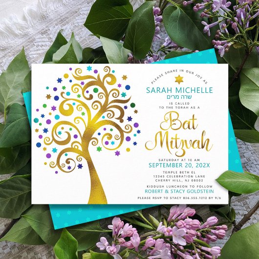 Bat Mitzvah Chic Turquoise Gouden Folie Boom of Li Kaart
