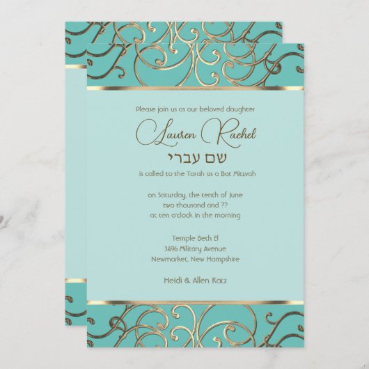 Bat Mitzvah Choose Colors Gold Filigree Kaart (Voorkant / Achterkant)
