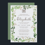 Bat Mitzvah Classic Script Waterverf Foliage Kaart<br><div class="desc">Bestaat uit elegante serif en cursieve scripttypografie op een waterverf groen bladblad botanisch lijst. 

Dit wordt ontworpen door de Uitgezochte Leveringen van de Partij,  exclusief voor Zazzle.

Hier beschikbaar:
http://www.zazzle.com/store/selectpartysupplies</div>