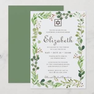Bat Mitzvah Classic Script Waterverf Foliage Kaart