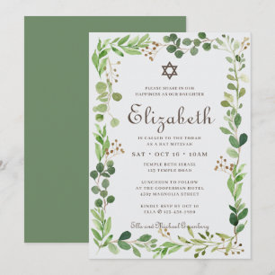 Bat Mitzvah Classic Script Waterverf Foliage Kaart