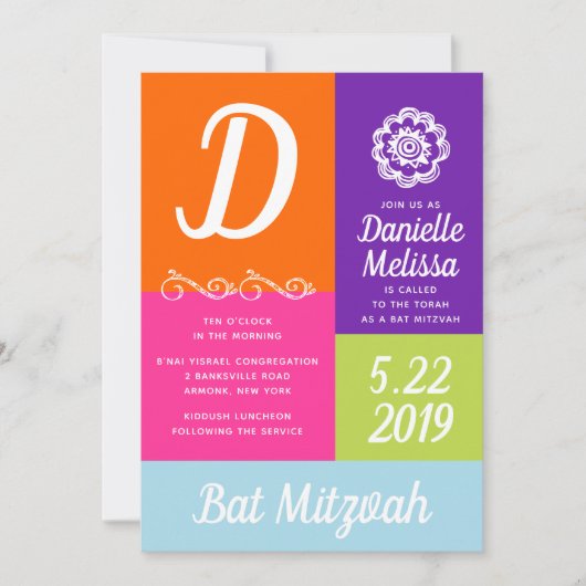 Bat Mitzvah Color Block Invitation Kaart (Voorkant)
