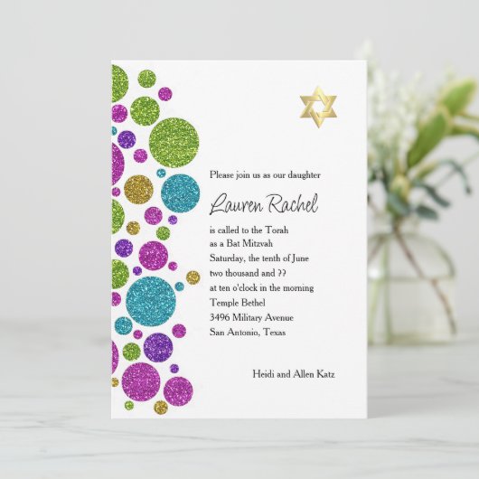 Bat Mitzvah Colorful Glittery Stippen Kaart (Staand voorkant)