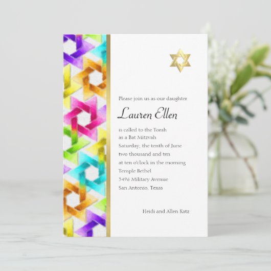Bat Mitzvah Colorful Star Damask Kaart (Staand voorkant)