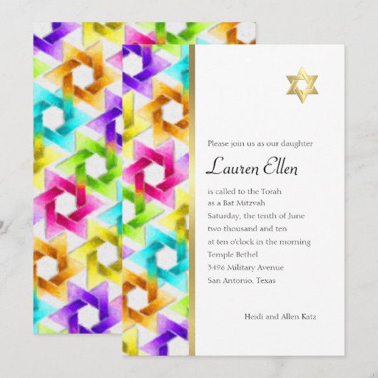 Bat Mitzvah Colorful Star Damask Kaart (Voorkant / Achterkant)