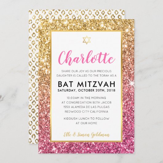 BAT MITZVAH cool luxe roze gouden glitter uitnodig Kaart (Voorkant / Achterkant)