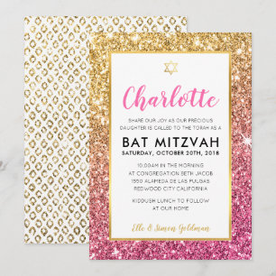 BAT MITZVAH cool luxe roze gouden glitter uitnodig Kaart