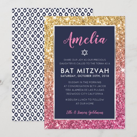 BAT MITZVAH cool marine roze gouden glitter uitnod Kaart (Voorkant / Achterkant)