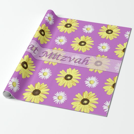 Bat Mitzvah Daisies Radiant Orchid Wrap Paper Cadeaupapier (Uitgerold)