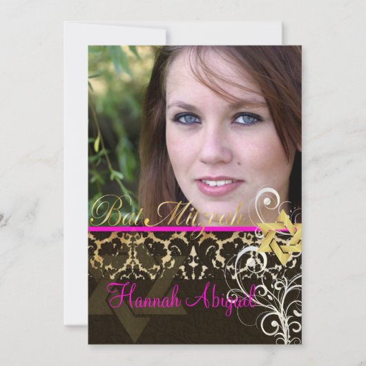 Bat Mitzvah/ Damask/Swirls/hot roze Kaart (Voorkant)
