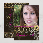 Bat Mitzvah/ Damask/Swirls/hot roze Kaart (Voorkant / Achterkant)