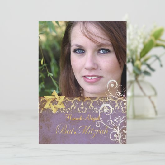 Bat Mitzvah/ Damask/Swirls/lila Kaart (Staand voorkant)