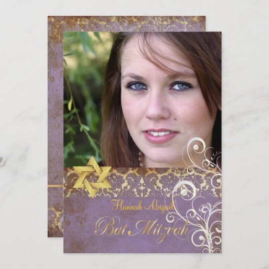Bat Mitzvah/ Damask/Swirls/lila Kaart (Voorkant / Achterkant)